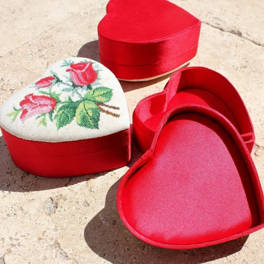 Needlepoint Mini Petite Stitch Roses Floral Red Heart Containers Set of 3